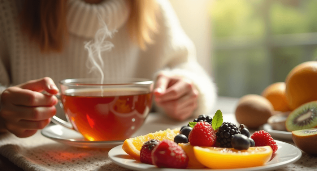 Slika žene Koja Uživa U čaju I Voću