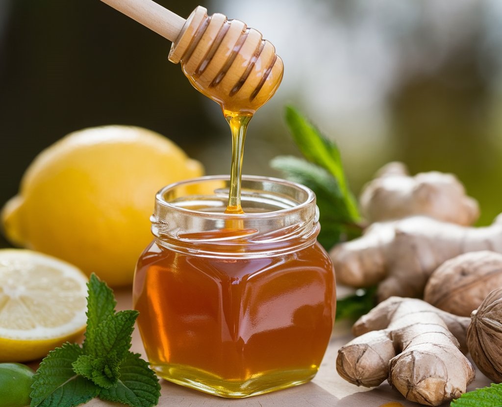 Slika tegle meda i zdravih namirnica oko tegle